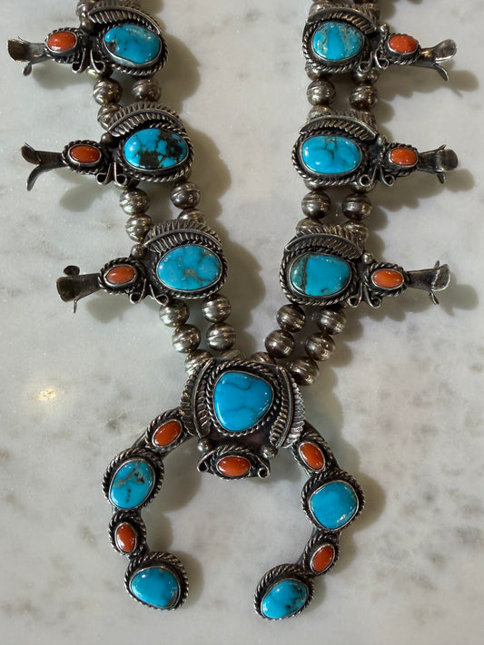 Vintage Coral and Turquoise Squash Blossom