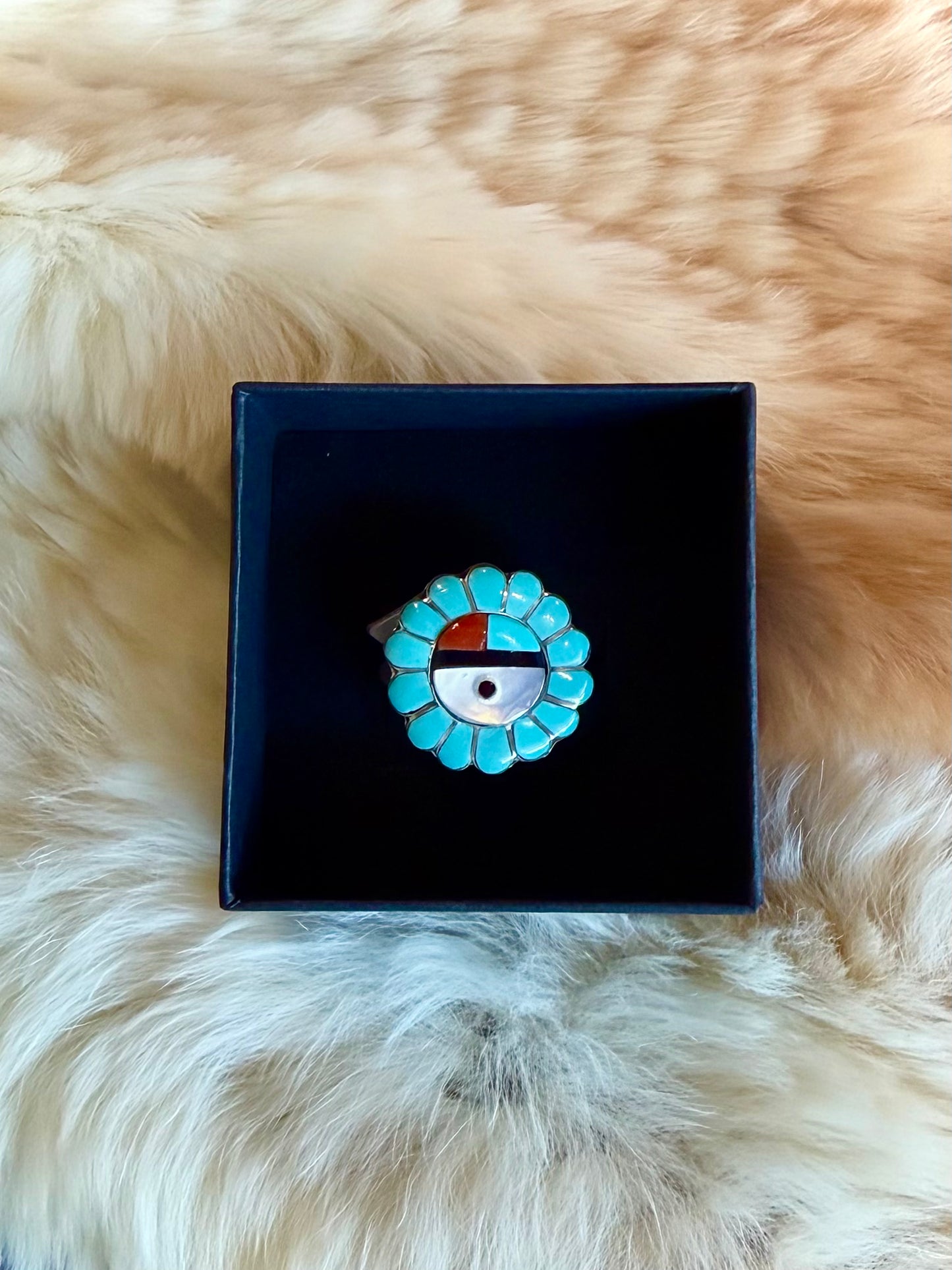 Zuni Sunface Inlay w/ Coral Ring