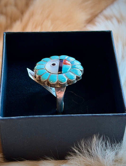 Zuni Sunface Inlay w/ Coral Ring