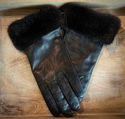 Leather/Mink Gloves - Black
