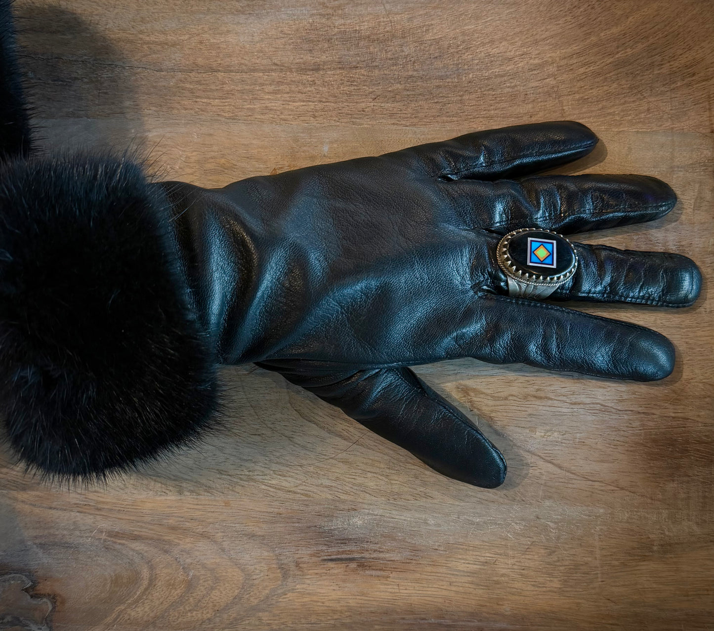 Leather/Mink Gloves - Black