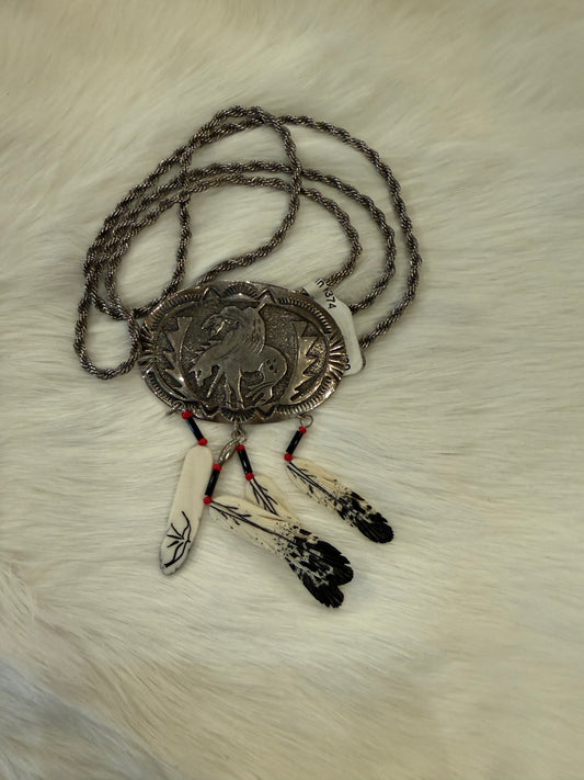 Bucking Bronco Feather Dangle Necklace/Pin