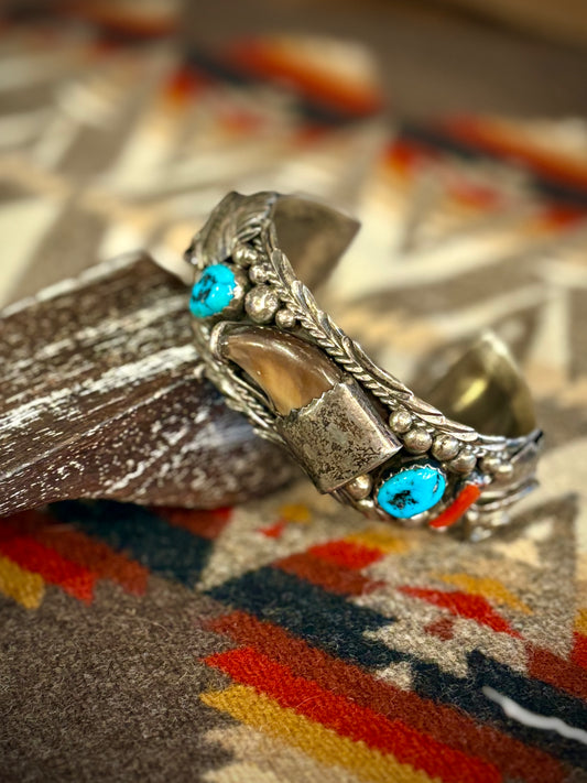 Vintage Claw, Coral, and Turquoise Cuff