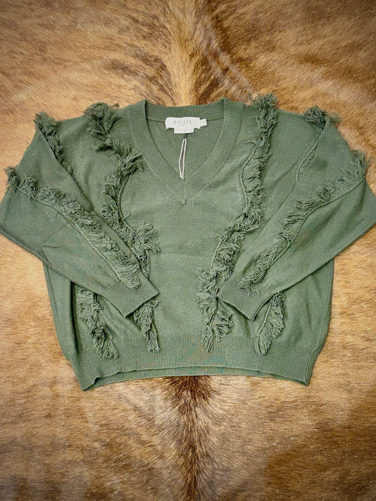 Women's Green Fringe Cashmere Sweater
