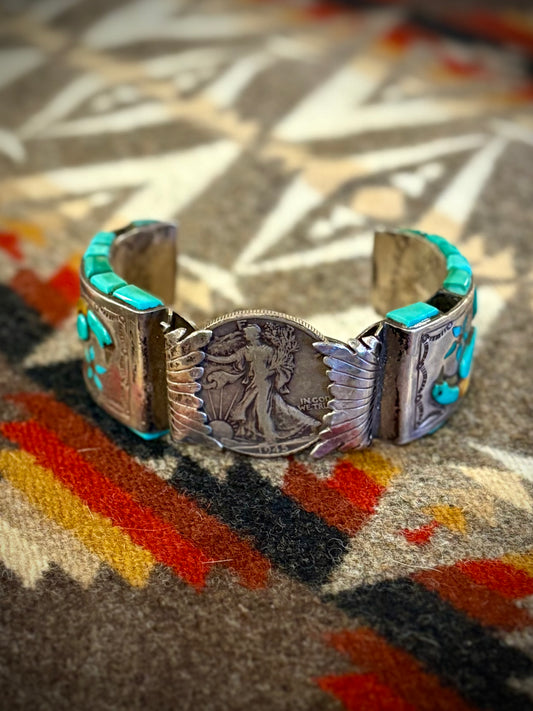 Silver Dollar Zuni Turquoise Cuff- Harry Spencer