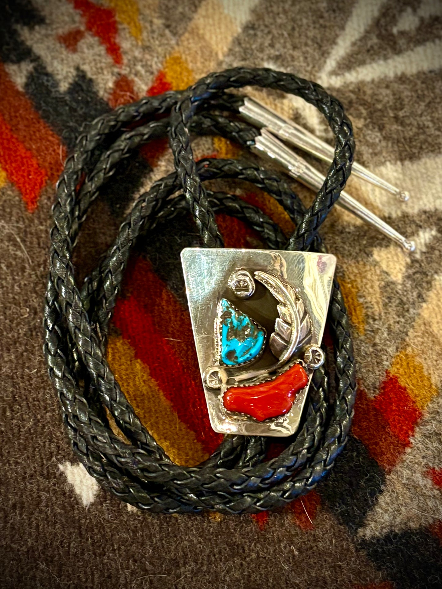 Navajo Turquoise and Coral Bolo Tie