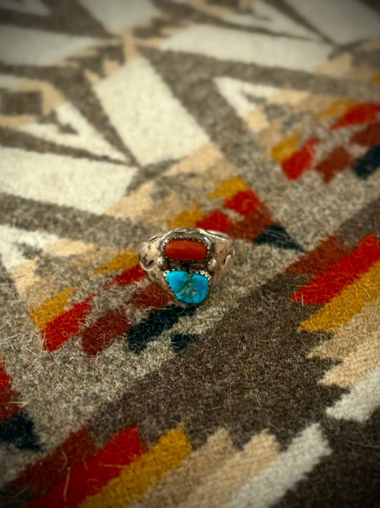 Vintage Navajo Coral and Turquoise Ring