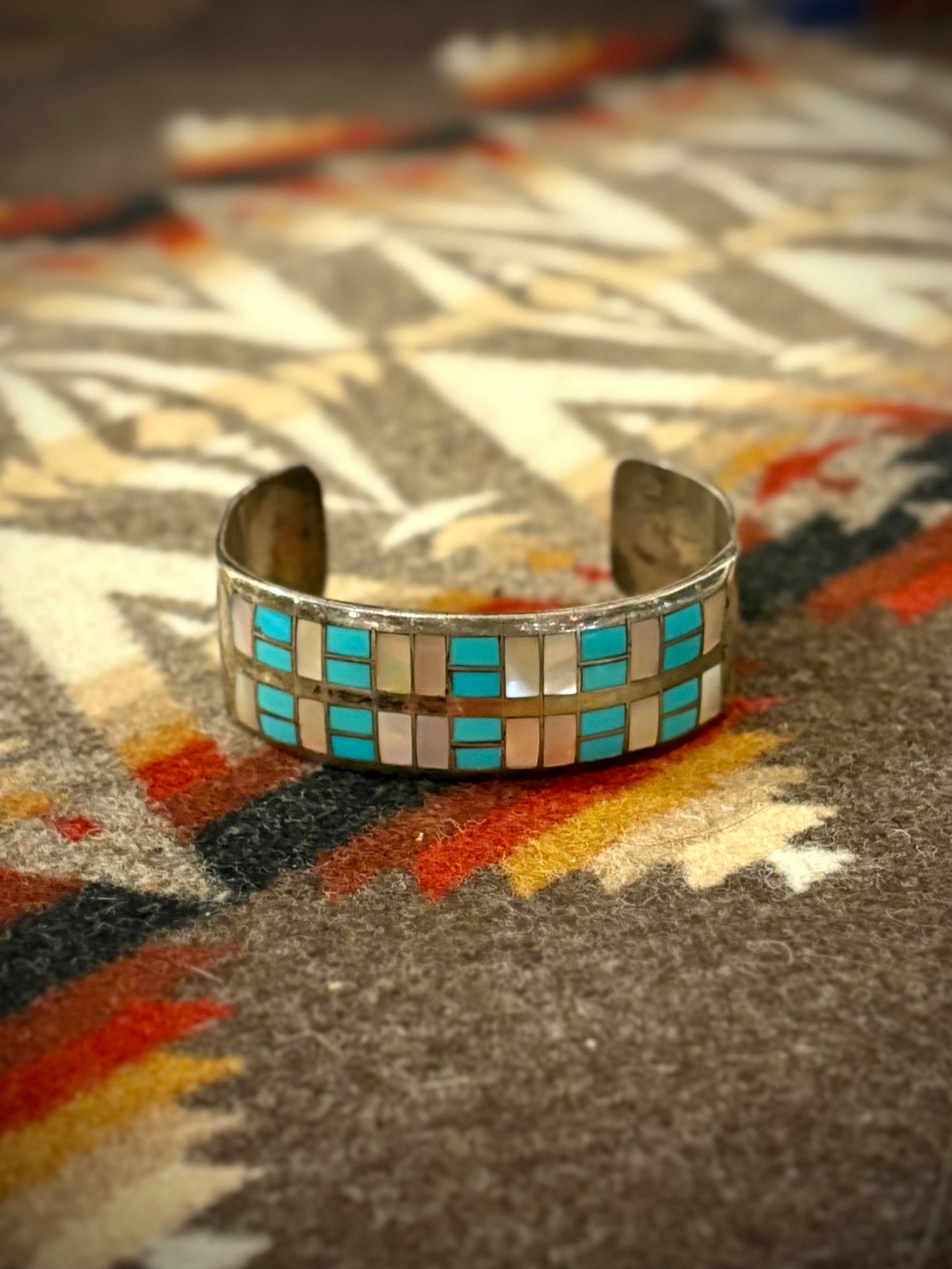 Vintage Turquoise and Mother of Pearl Zuni Inlay Cuff