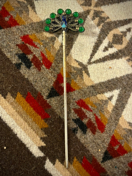 Antique Green Peacock Chinese Hair / Hat Pin