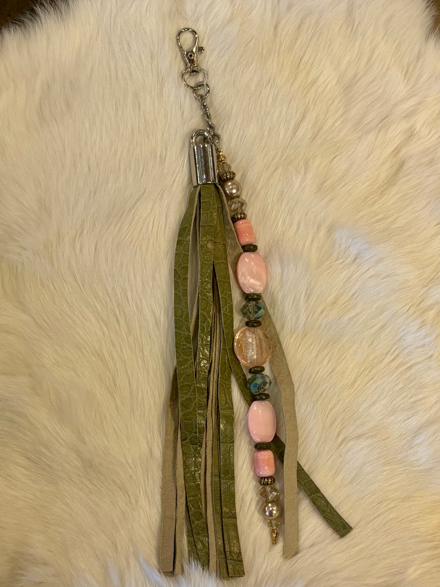 CuCu Tassel Keychain- Muddy Green with Pink Charms