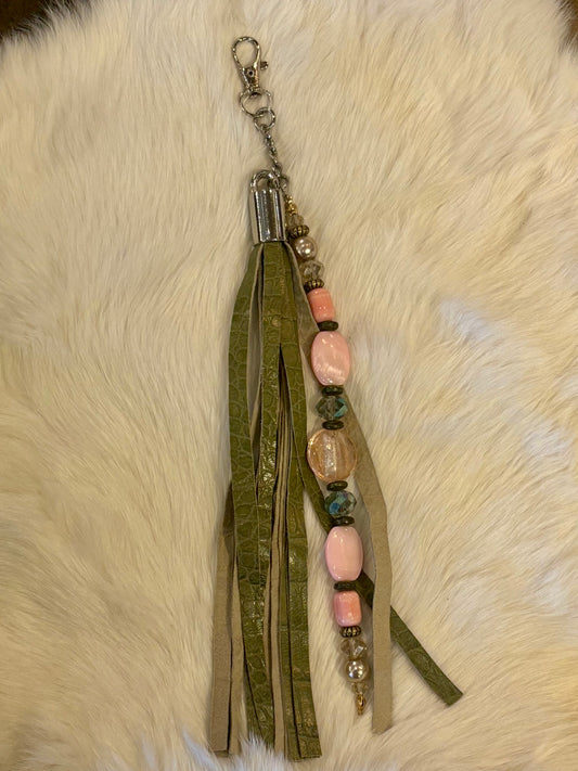 CuCu Tassel Keychain- Muddy Green with Pink Charms
