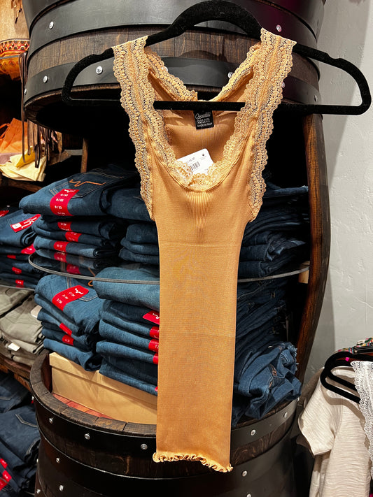 Oscalito - Pure Silk Tank Top with Leavers Lace - Tan