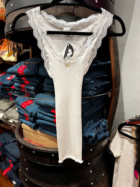 Oscalito - Pure Silk Tank Top with Leavers Lace - Ivory