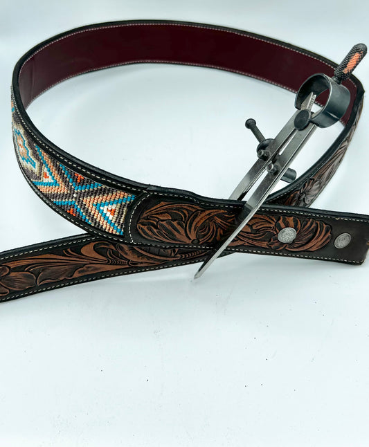 Bar X Handmade Belt - Hand Beaded with Brown Tooling