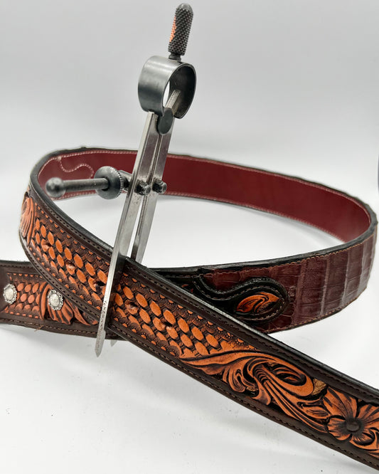 Bar X Handmade Belt - Brown Caiman with Gold Inlay