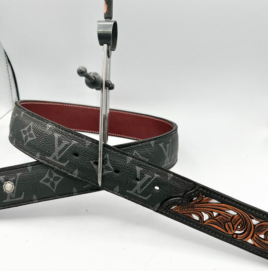 Bar X Handmade Belt - Black LV Tooled with Silver Inlay