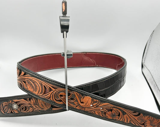 Bar X Handmade Belt - Black Caiman with Maroon Inlay